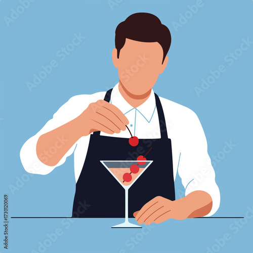 Bartender garnishing cocktail with cherries in a martini glass