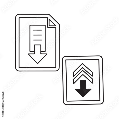 Vector web design of a shiny, glossy download and upload button with an arrow icon symbol and tick mark illustration