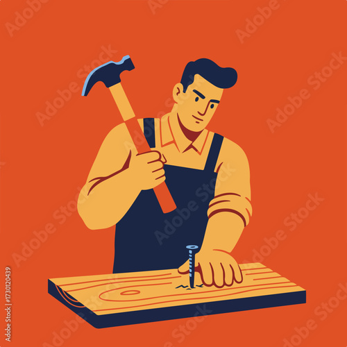 Carpenter hammering nail into wood in flat style