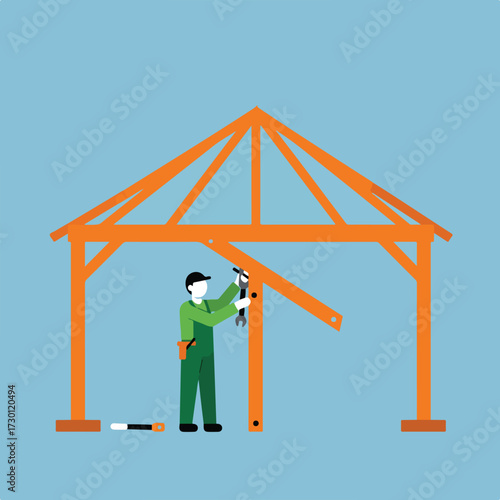 Man in green overalls constructing a wooden structure with tools