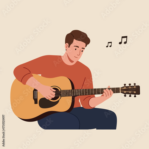 Man with guitar, music notes