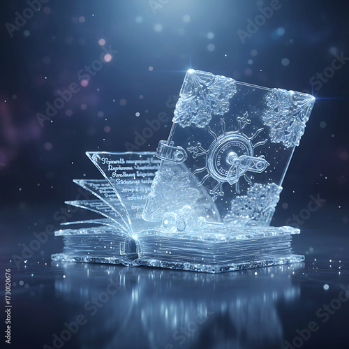 Enchanting Crystal Book of Ancient Magic and Celestial Wonders Illuminated by Mystical Light