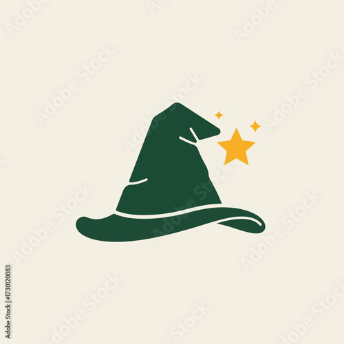 Green pointed hat with gold stars on an off-white background
