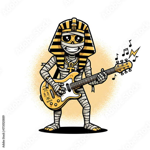 Cartoon Mummy Playing Electric Guitar Rock Music Performance
