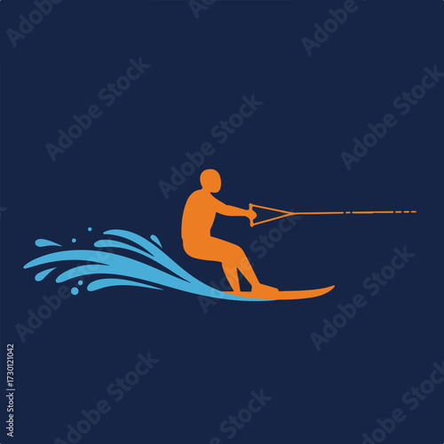 Water skier silhouette, orange figure with blue water