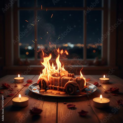 Burning Car Candle and Rose Petals on a Table with a City View at Night