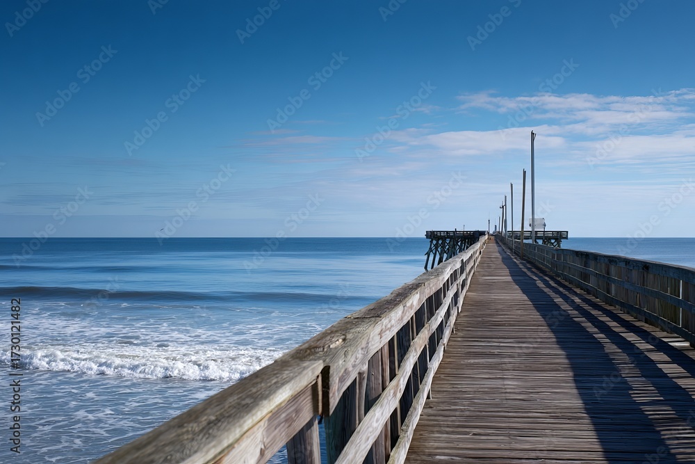 Fototapeta premium Wooden pier extending into calm ocean under blue sky