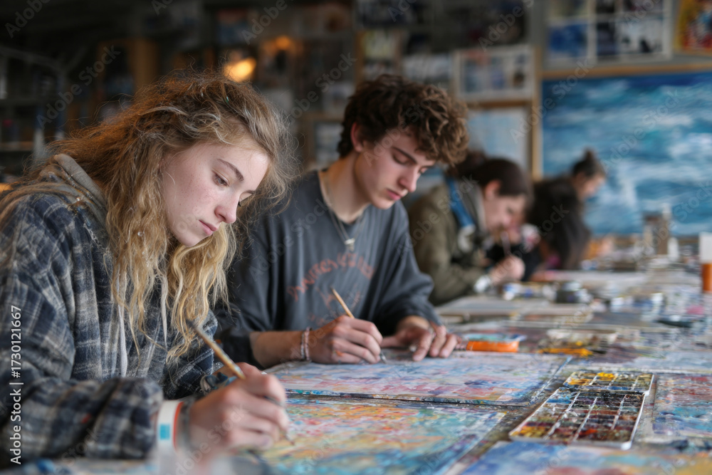 Fototapeta premium Focused young people actively engaging in painting, learning new skills during an art lesson