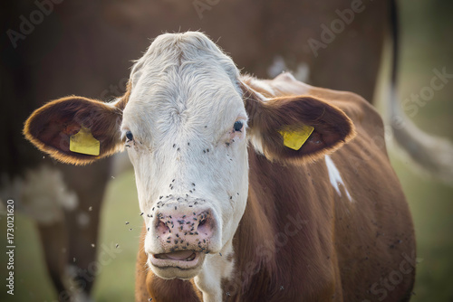 cow portrait chewing covered with flies