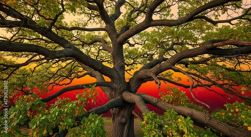 Stunning oak tree branches reach towards a vibrant sunset sky, creating a powerful and inspiring nature scene perfect for landscape designs and environmental projects