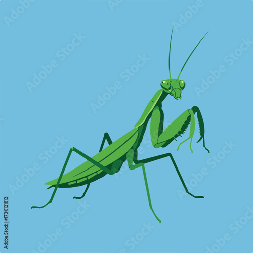 Stylized green praying mantis with light blue background, poised with folded limbs