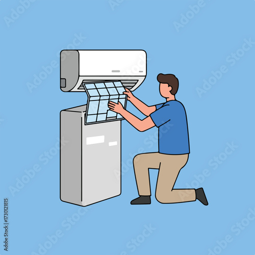 Person installing an air conditioner filter, kneeling on a light blue background