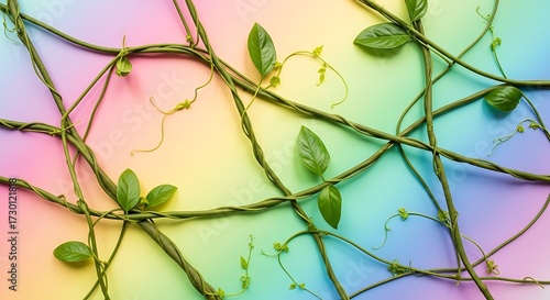 Lush green vines gracefully intertwine against a vibrant rainbow backdrop, creating a stunning botanical design with a fresh, modern feel for creative projects