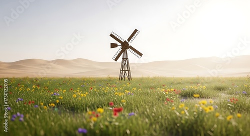 Dreamy wildflowers bloom in a serene field with a vintage windmill against a backdrop of rolling desert dunes under a soft, warm sky
