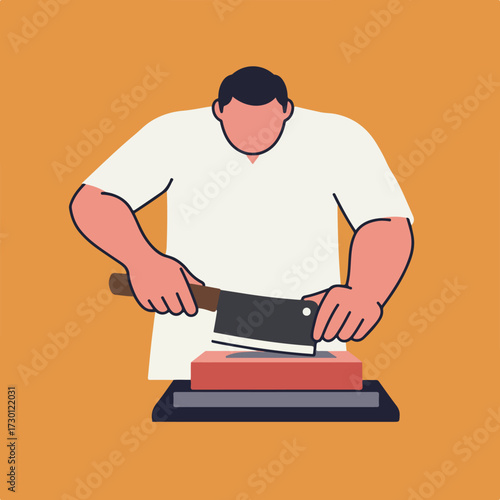 Butcher sharpening knife on whetstone, bright background, simplistic style