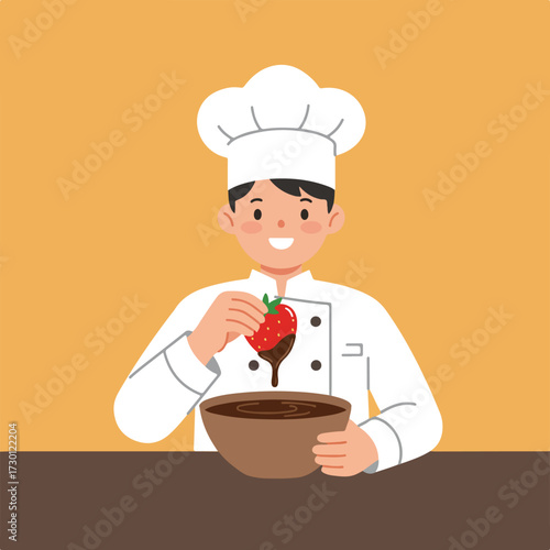 Chef dips strawberry in chocolate bowl