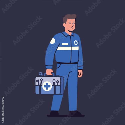 Flat illustration Emergency responder with first aid kit on dark background