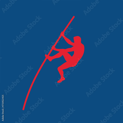 Red silhouetted vaulter holds pole on dark blue