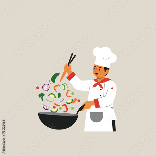 Chef tossing vegetables in a wok with chopsticks on beige background