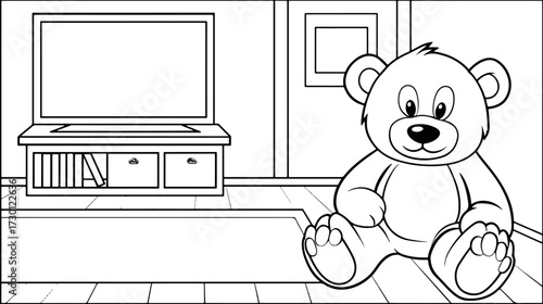 Cartoon teddy bear sitting near a television entertainment center