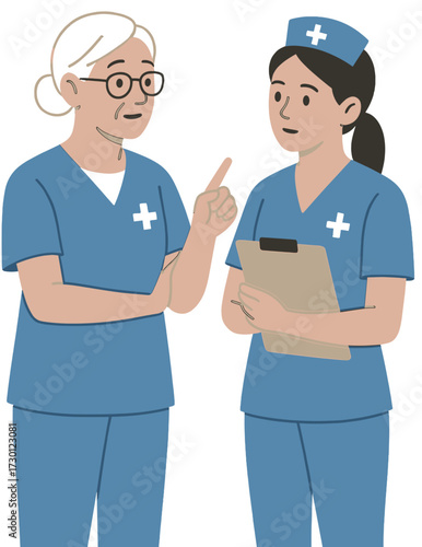Nurse Mentorship Illustration – Senior and Junior Nurse Discussion

