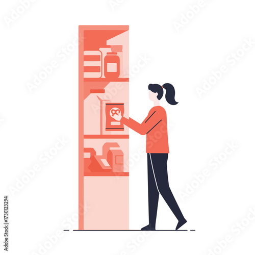 Woman reaching for pretzels in pantry with jar, box, and carton on shelves