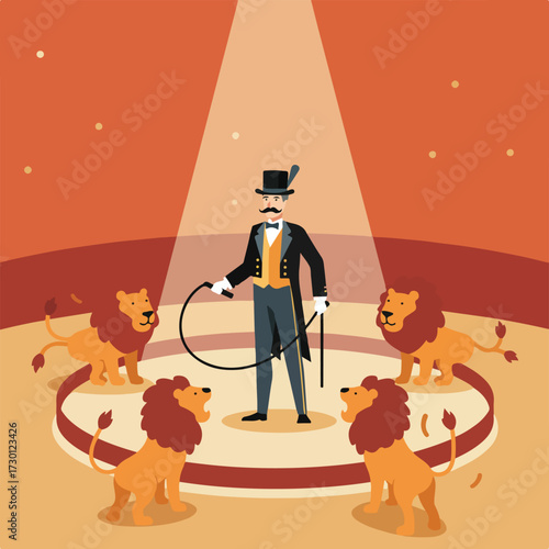 Circus ringmaster with lions in spotlight, vintage illustration