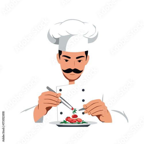 Chef delicately plates food using tweezers, culinary precision in white uniform
