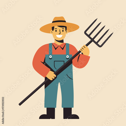 Smiling farmer with pitchfork, wearing overalls and hat, on beige background