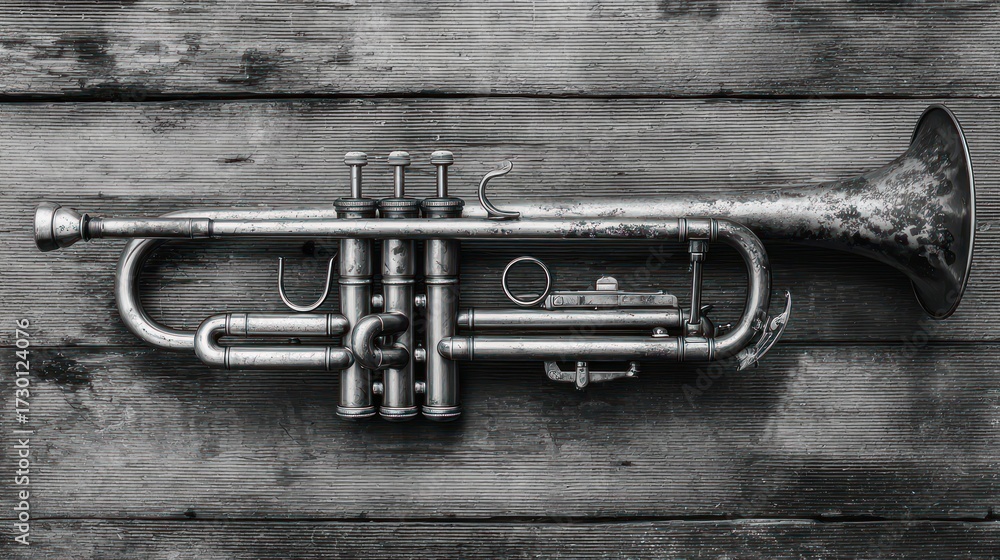 Fototapeta premium Top-down, high-angle view of tarnished trumpet on rough wooden surface, grayscale