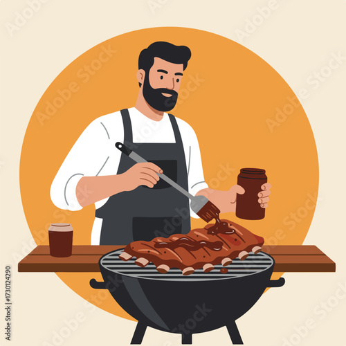 Bearded man basting ribs on a grill with a brush, standing near a small table