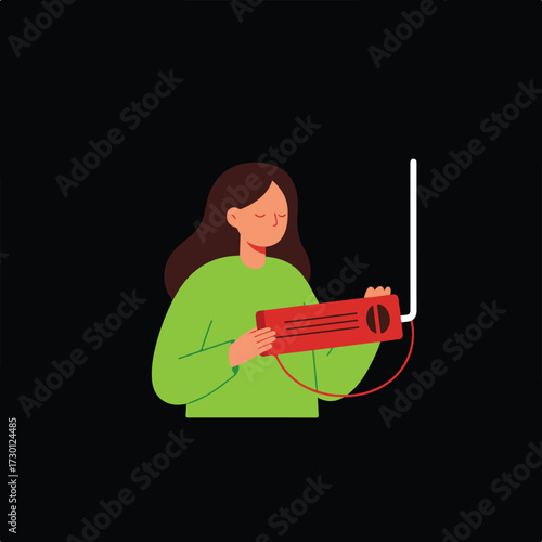 Woman plays theremin with focus, against black background