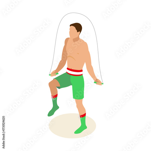 Man with open torso and green shorts skipping rope doing a fitness exercise