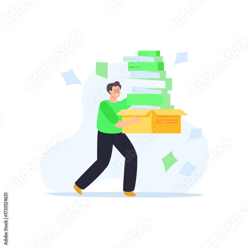 Man Carrying Box of Documents and Papers Floating Around Him