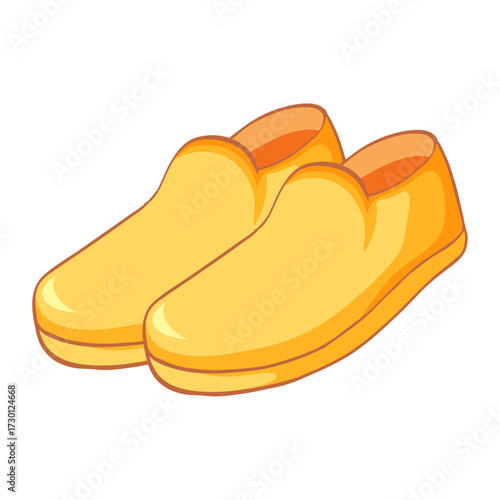 Pair of simple yellow slip-on shoes, cartoon style illustration, clean and bright design on white background