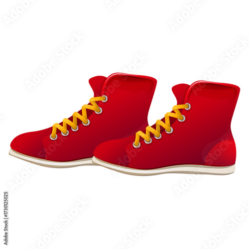 Red canvas high-top sneakers with yellow laces, a pair of casual footwear