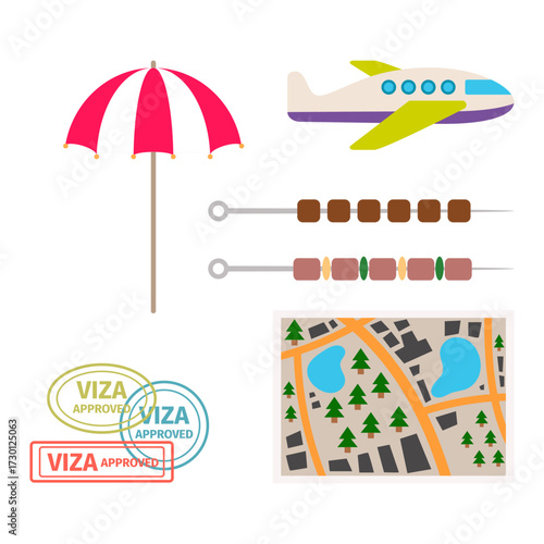Summer travel, vacation planning, and outdoor activities icons and graphics