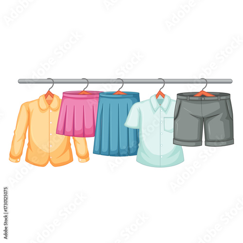 Collection of casual clothing items hanging on a rack for sale
