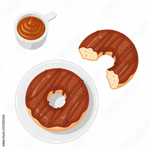 An image featuring a chocolate-covered donut on a plate, another with a bite taken, and a small bowl of sauce.