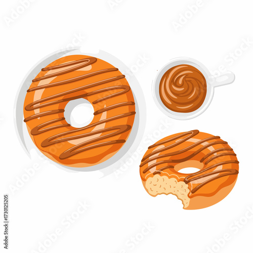 Two donuts with caramel glaze and a cup of caramel sauce.