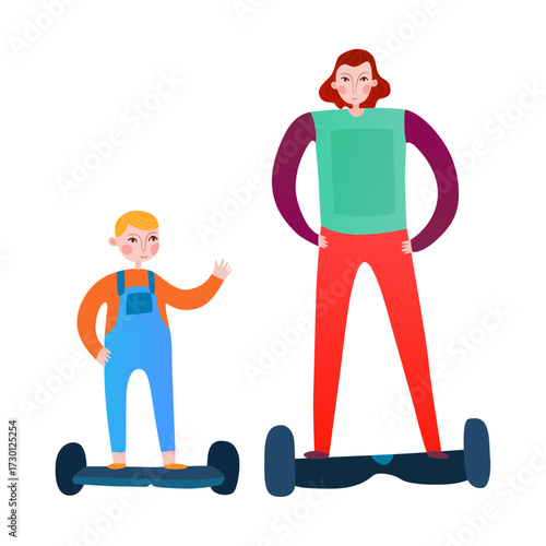 Child and adult on hoverboards enjoying a fun outdoor activity