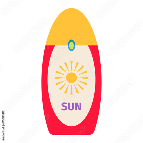 Sunscreen bottle with sun icon, protecting skin from UV rays during summer