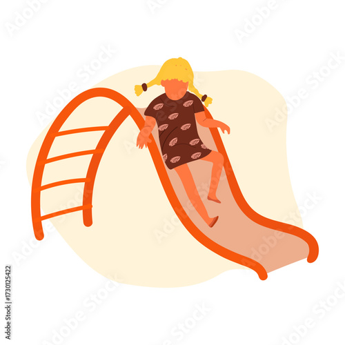 Happy little girl with blonde pigtails sliding down an orange playground slide in a park