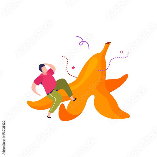 Man falling on a banana peel, comic illustration of a slippery accident