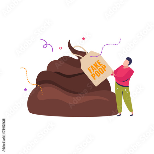 Man Attaching 'Fake Poop' Tag to Giant Pile of Feces with Confetti and Streamers