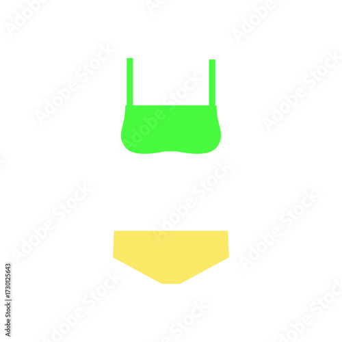 A simple neon green bikini top with yellow bottoms on a white background