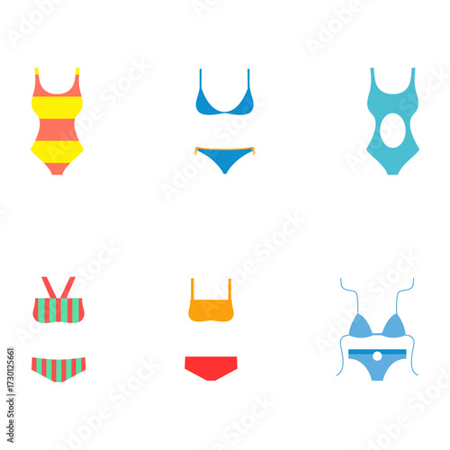 Collection of colorful swimsuits and bikinis for summer beachwear fashion