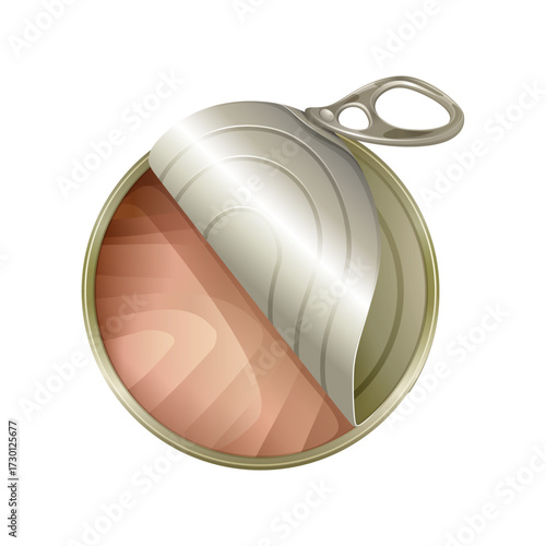 Open can of salmon, top view, revealing pink flesh of canned fish