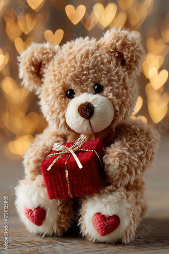 Teddy Bear's Gift: A cute teddy bear tenderly embraces a small wrapped gift, set against a backdrop of soft, heart-shaped lights. An endearing display of affection and gifting.