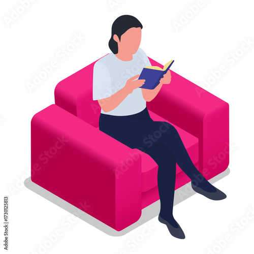 Woman sitting in a pink armchair and reading a book in a cozy environment